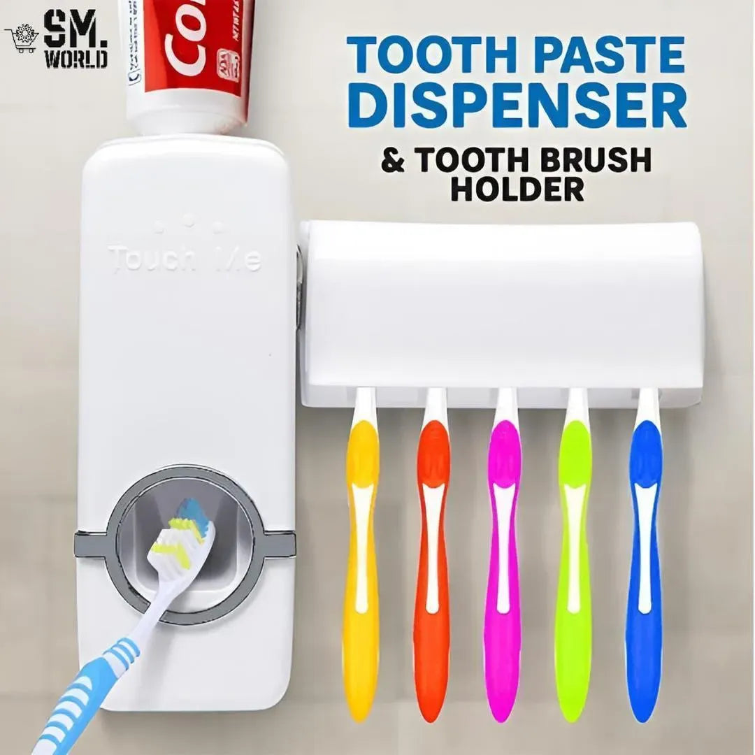 High Quality Set of Toothpaste Dispenser & Brush Holder - Plastic Automatic Toothpaste Dispenser With Tooth Brush Holder For Homes And Bathrooms